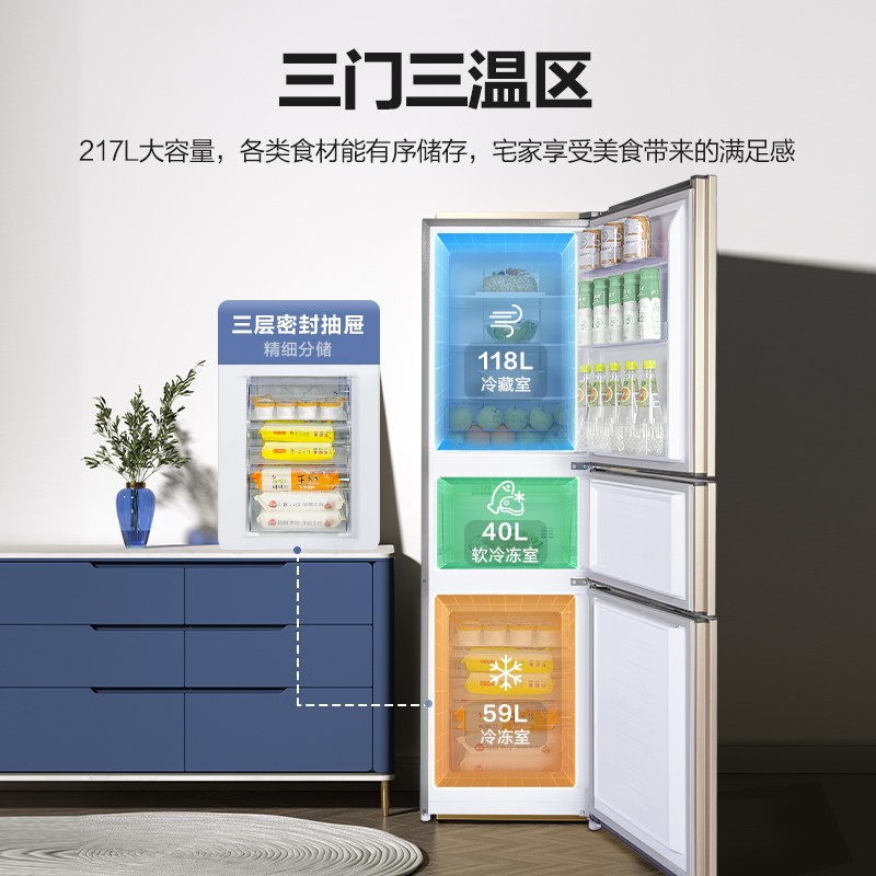 容声(Ronshen)217升三门小型冰箱家用节能租房宿舍实用小巧不占地中门软冷冻BCD-217D11N