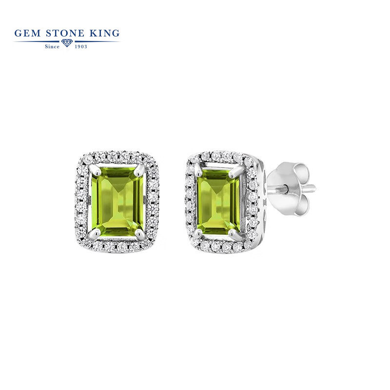 GEM STONE KING925銀鑲3.68克拉綠橄欖石耳釘時(shí)尚方形耳飾女送女友生日禮物 橄欖石耳釘