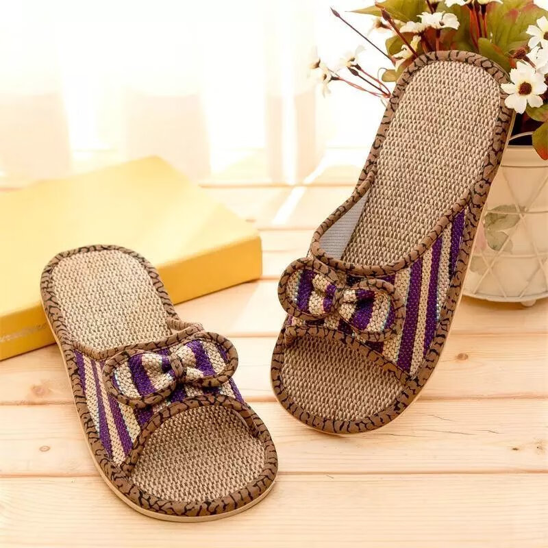 亚麻拖鞋居家居情侣室内木地板防滑春夏季凉男厚底女新款秋麻拖鞋 紫色 37-38 女