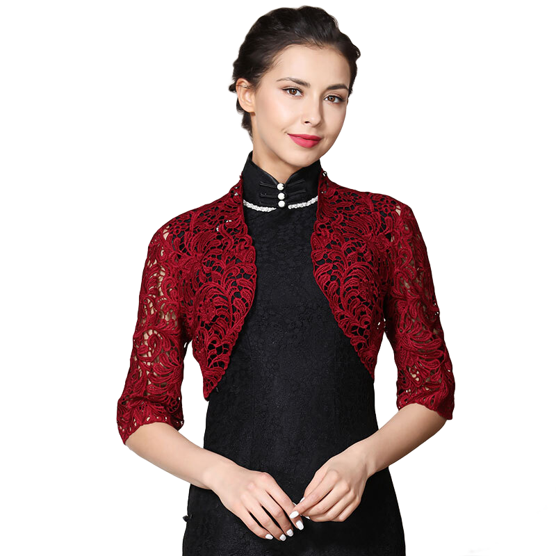 逸福高檔酒紅色蕾絲鏤空立領(lǐng)短款外套披肩開(kāi)衫外搭輕奢修身春秋氣質(zhì)夏 酒紅色 XL