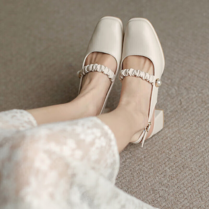 加宽加肥大码包头夏季仙风方头后空单鞋 杏色标准版 5厘跟 标准脚合适