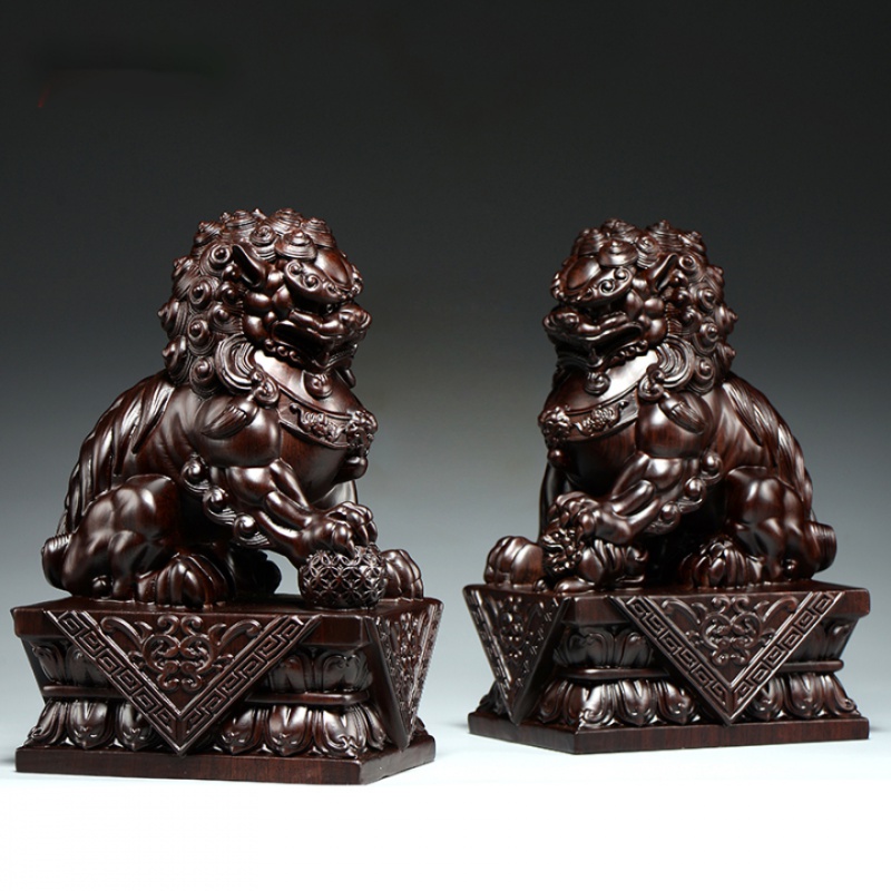梵粟 黑檀木雕狮子看门一对招财保平安王府狮子摆件实木雕刻工艺品