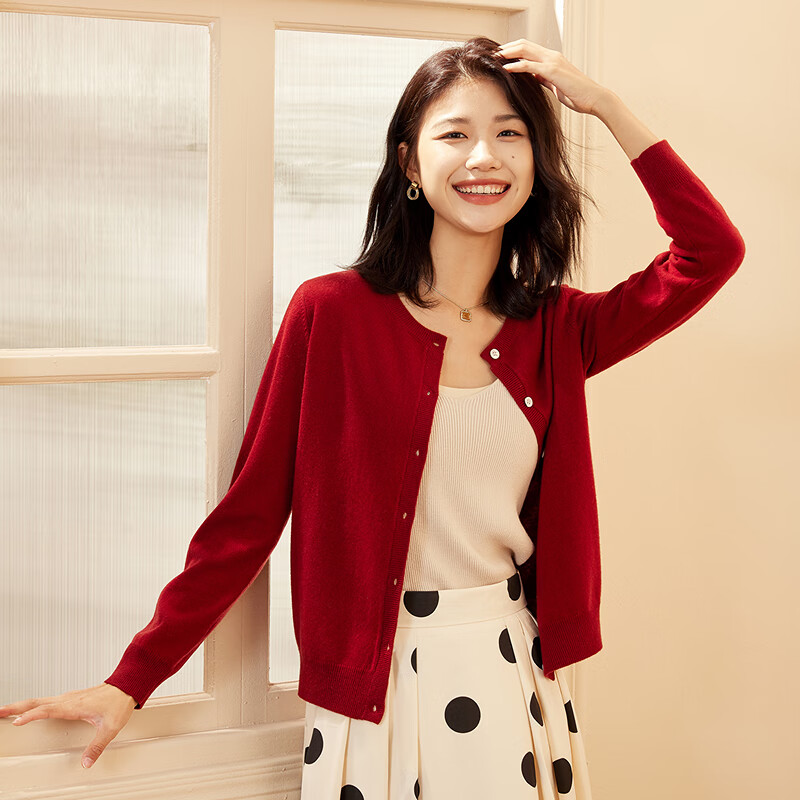 恒源祥【100%羊毛】纯羊毛衫针织开衫女装圆领单排扣保暖长袖毛衣外套 胭脂红 M /165/88A