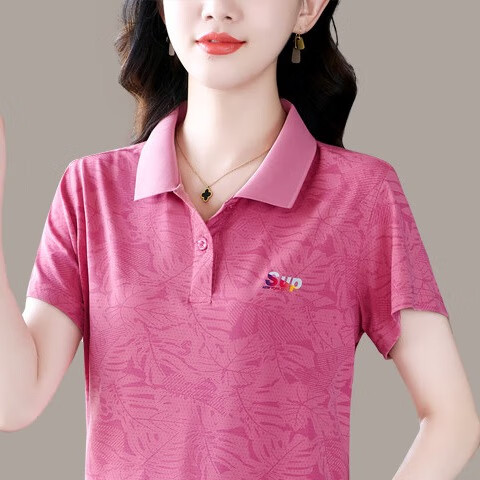 语缦翻领短袖t恤女冰丝时尚洋气夏季新款中年妈上衣女士休闲T恤polo衫 23343灰蓝 5XL 体重150-160斤