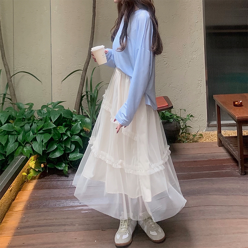 妙微熊夏季白色半身裙女长款到脚踝网纱裙学生仙气百搭长裙 白色半身