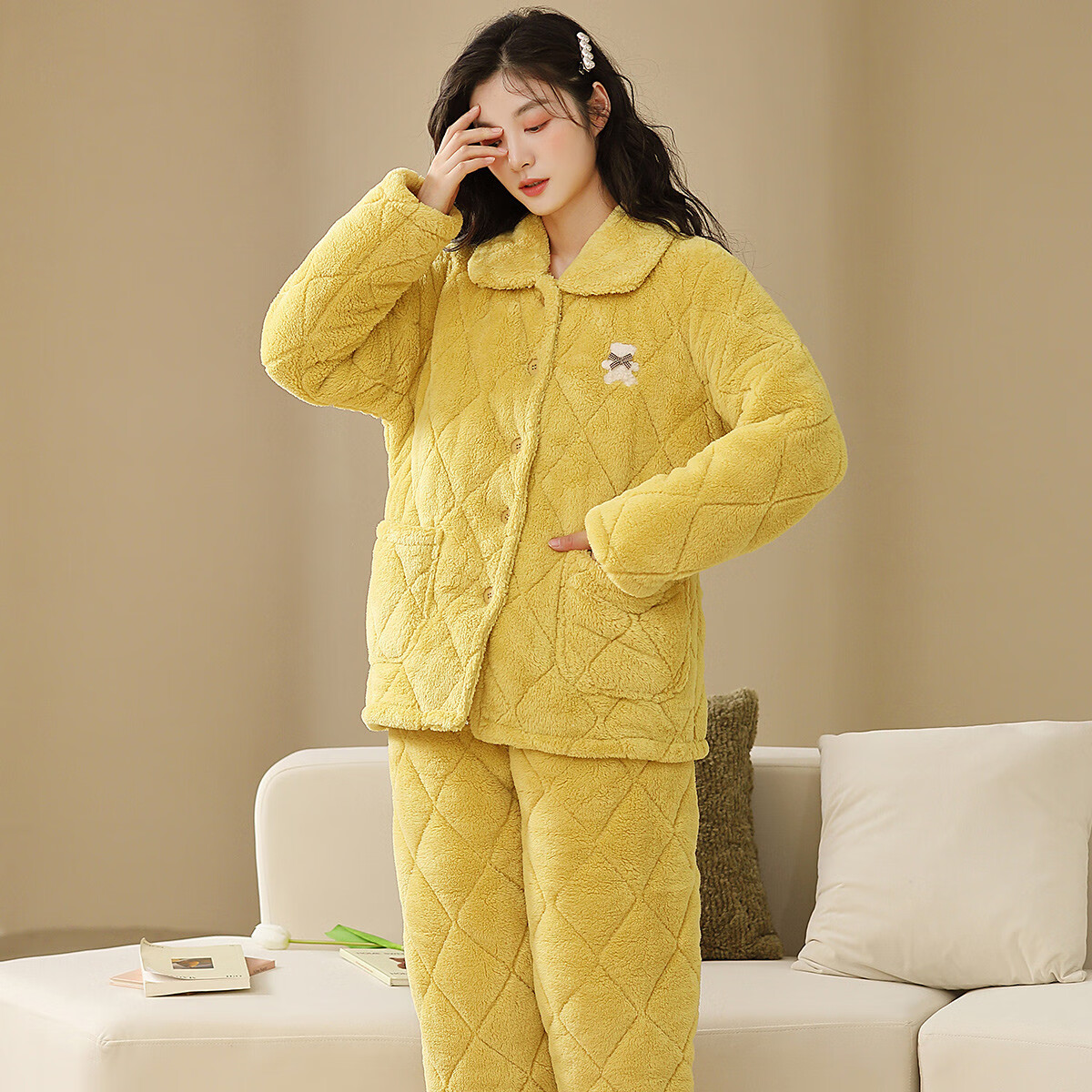 香蜜闺秀【三层夹棉加厚】暖冬可外穿长袖开衫女士家居服棉服保暖睡衣套装 W3403029黄色 XL