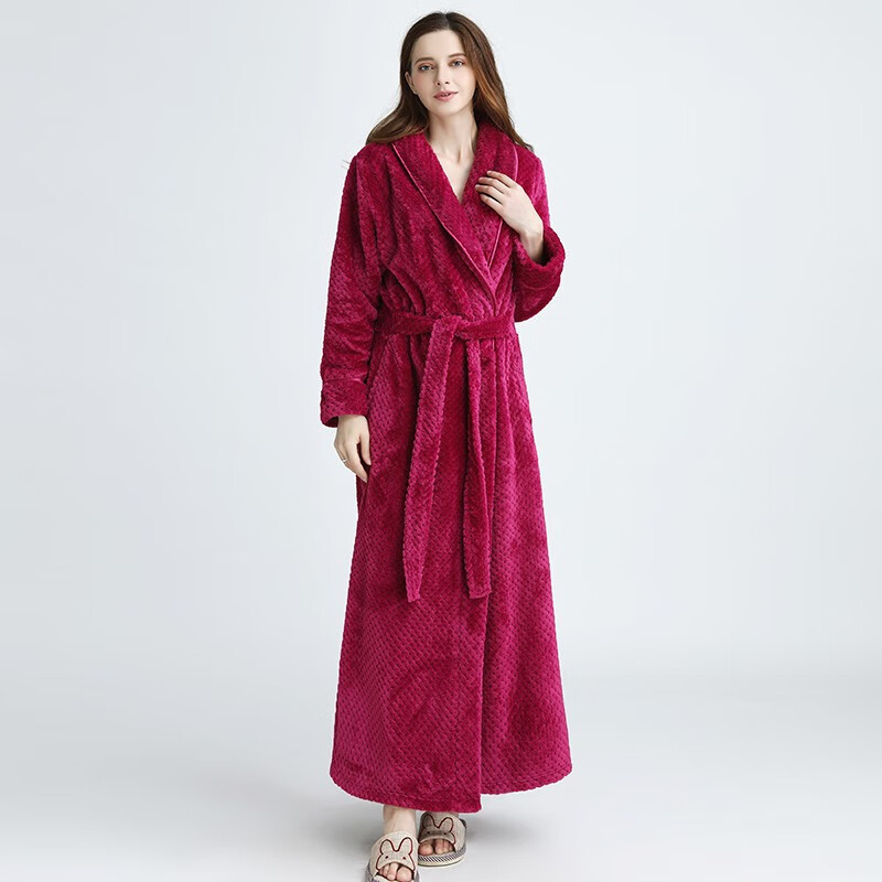 赛图蒙 睡袍女秋冬季加厚长款情侣睡衣男浴袍珊瑚绒睡衣大码家居服 女款-1506玫红色 XL (身高170-185CM,体重150-190斤)