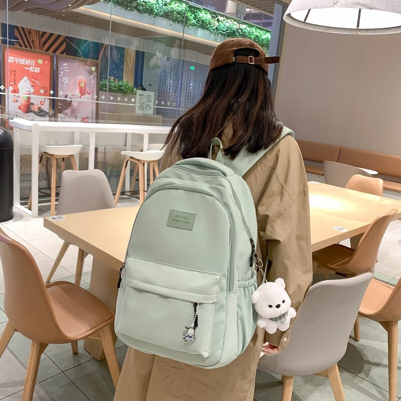 辰叙双肩包女2024新款背包大容量韩版简约纯色女生初中学生高中书包 黑色【小熊挂件】