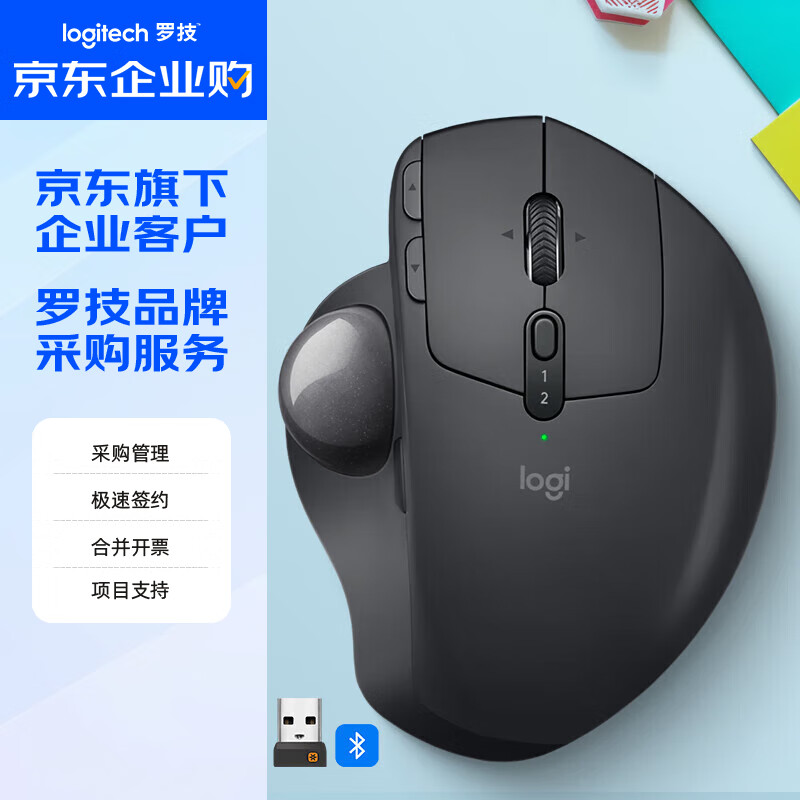 罗技（Logitech）MX ERGO 无线轨迹球办公鼠标 蓝牙优联双模连接 人体工学鼠标 带优联接收器 黑灰