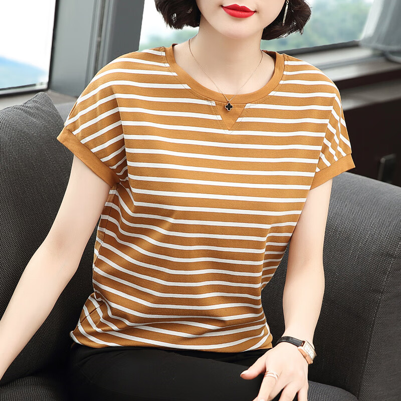 皮尔卡丹(pierre cardin)夏装棉质条纹短袖t恤中年女士2024新款休闲