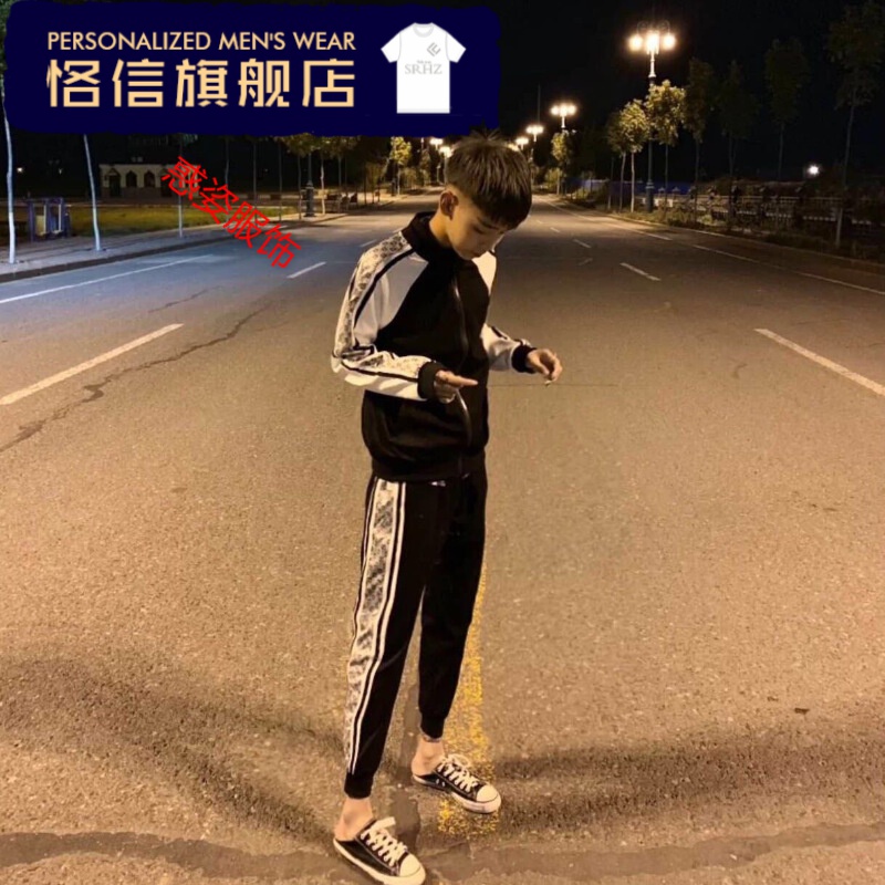 夹克男社会精神小伙拼接套装秋季快套男快手网红张琪笙同款学生外套九