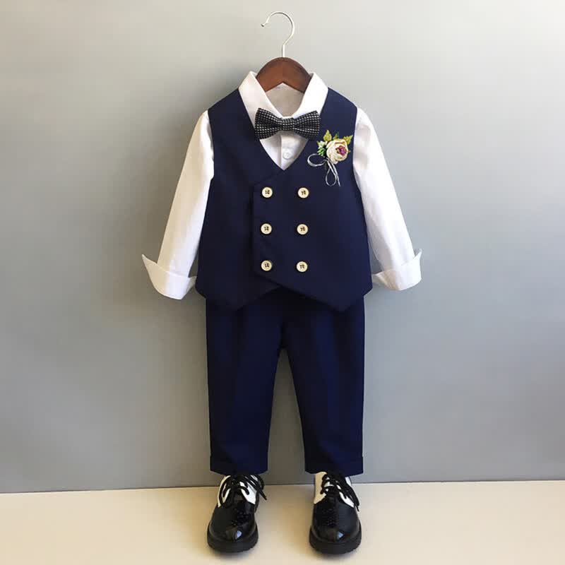 GOKU男童西套装秋季钢琴演出主持人西服儿童合唱服高端周岁男宝宝礼服 蓝色马甲+裤子+衬衫+领结胸花 120高性价比高么？