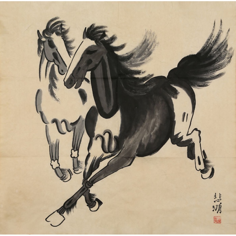 恒愎国画斗方动物临摹书画作品纯手绘奔马古玩字画纯手绘 字画纯手绘