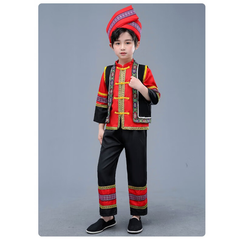 英梵度三月三民族服装 男童儿童壮族少数舞蹈演出服苗族表演服 红色送