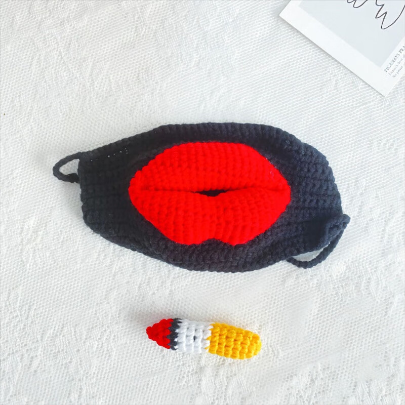 大嘴红唇搞笑抽烟毛线针织保暖手工编织香肠口罩透气防风潮流 黑红