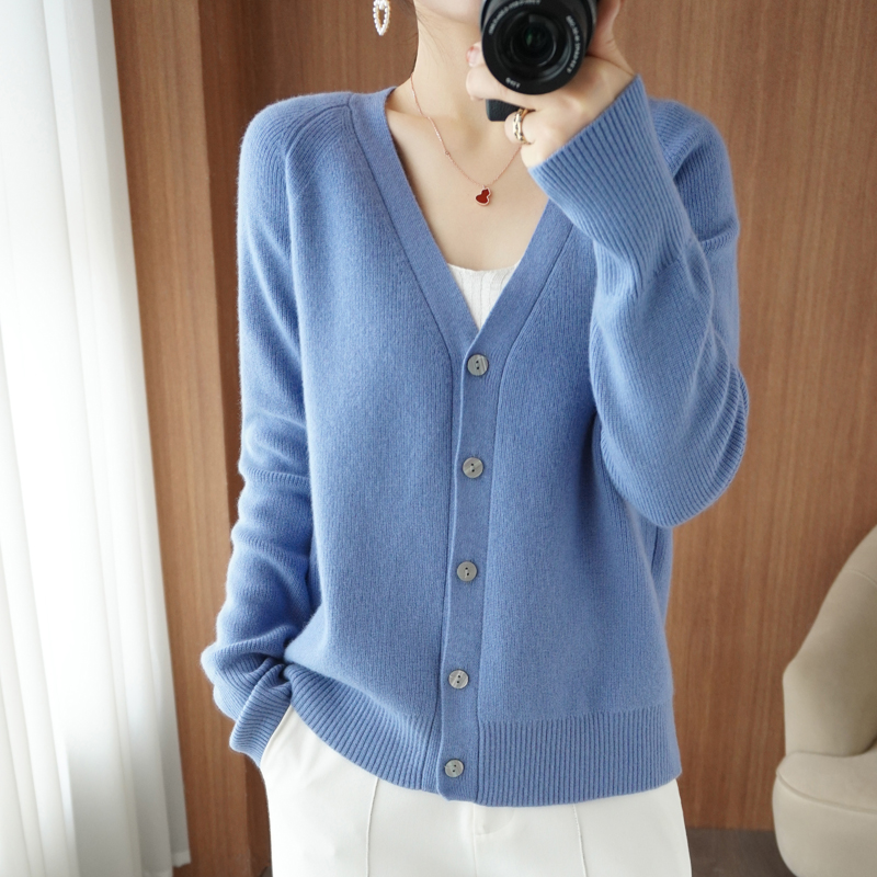 市产官方店旗舰秋季纯色针织纯山羊绒开衫女短款外套毛衣 雾蓝色 m