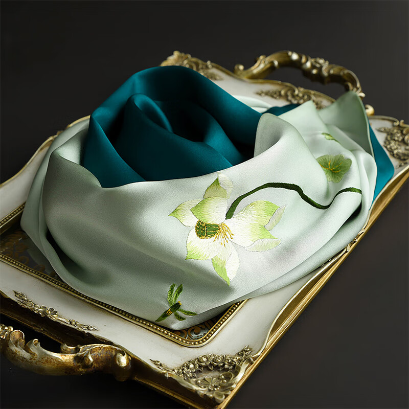 杭丝府苏绣真丝桑蚕丝丝巾围巾气质披肩外搭送长辈妈妈生日礼物高档净莲