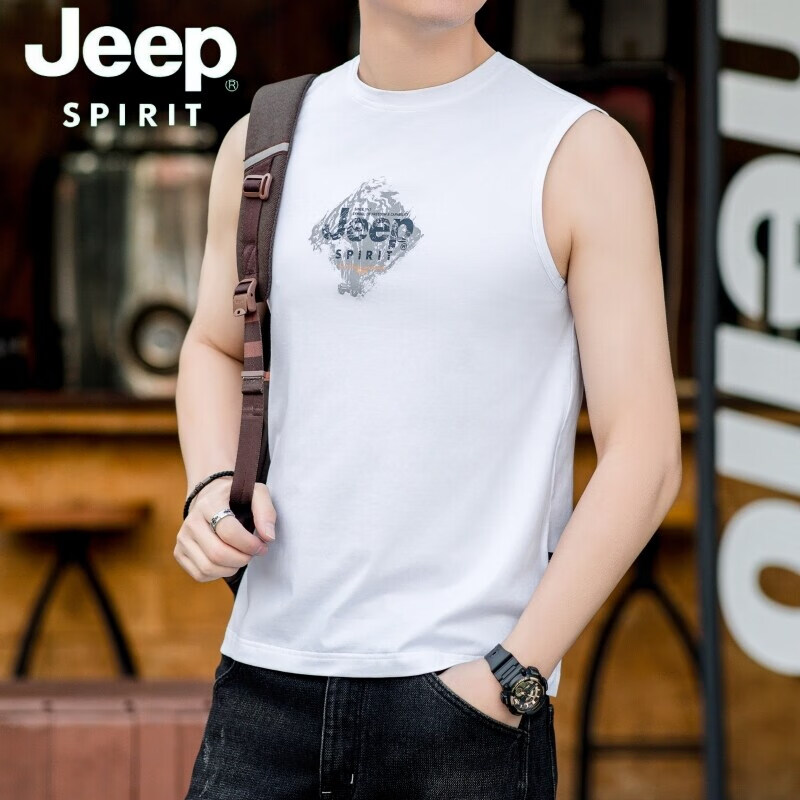 吉普（JEEP）夏季新款男士纯棉背心坎肩运动健身无袖冰丝T恤衫薄款潮流 白色 M170/88A