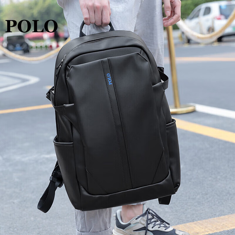 POLO双肩包男士旅行背包学生书包14英寸电脑包男商务通勤男包黑色