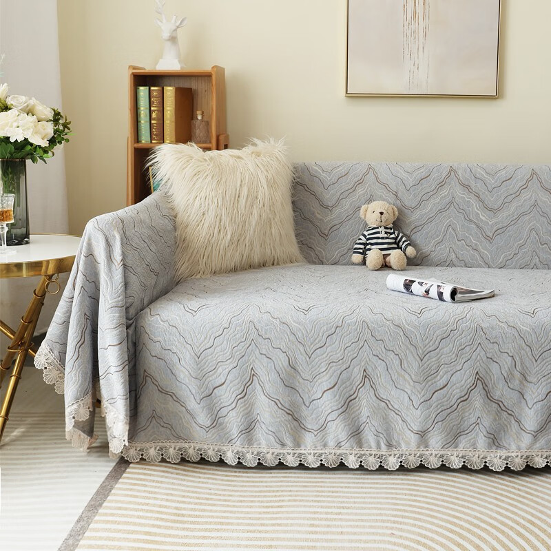 珂米雪尼尔沙发盖布全盖套罩四季通用防滑北欧网红沙发巾夏季2023新款 水波纹-灰 180*300cm(三人位/大贵妃位)