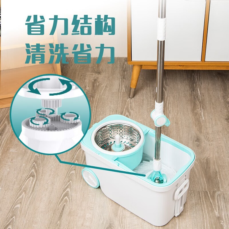 妙洁旋转拖把带桶套装 免手洗干湿两用家用一拖净懒人拖布木地板墩布 拖把共2个替换头