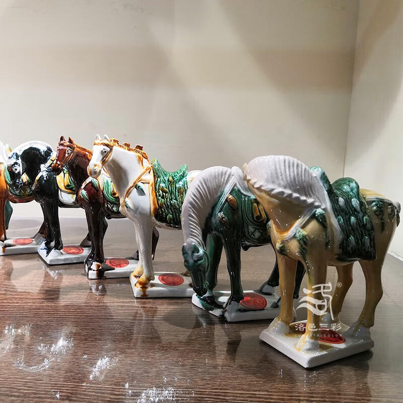唐三彩八骏马陶瓷摆件家居酒柜书房新中式复古马装饰艺术品 花色 一套