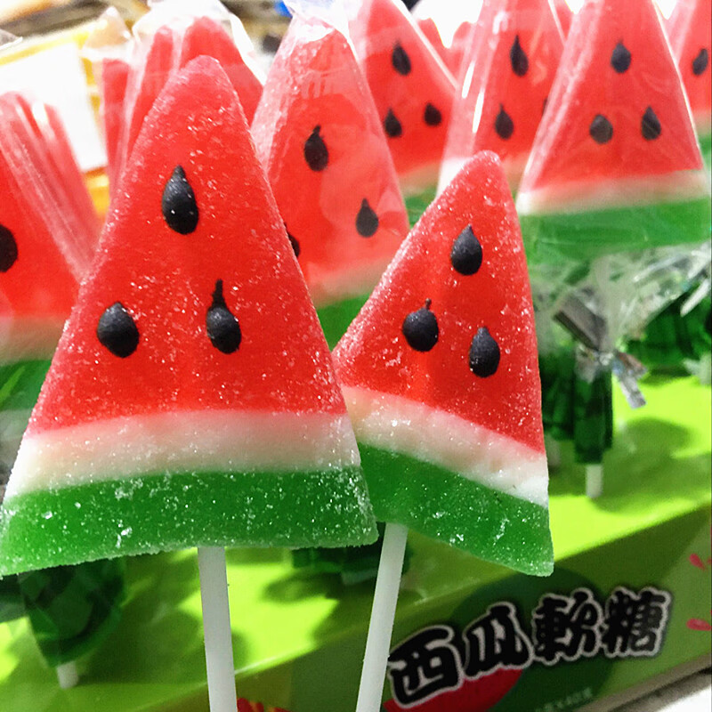 西瓜味的童话西瓜造型果汁软糖棒棒糖装饰糖果20g*40支整盒西瓜棒棒糖