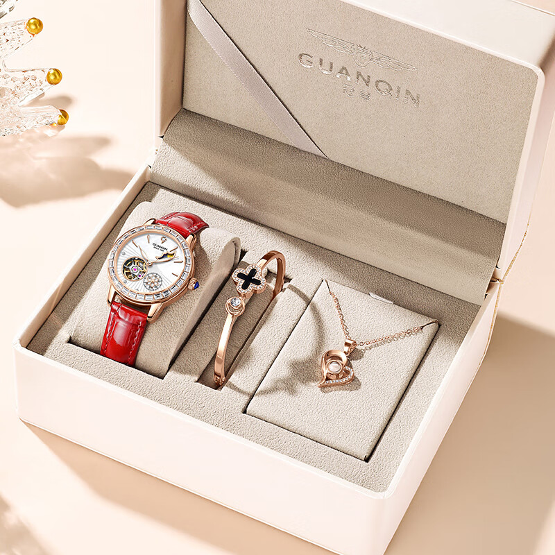冠琴（GUANQIN）手表女全自动机械表明星同款镂空飞轮女士手表国表礼物送女友老婆 红皮玫金白面（女神气质）