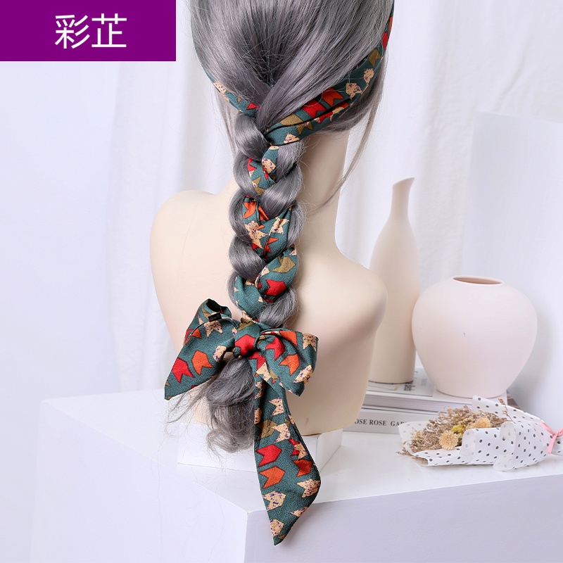 彩芷 扎头发丝巾细窄头巾发带夏季编发日系法式复古发箍丝带 绿色