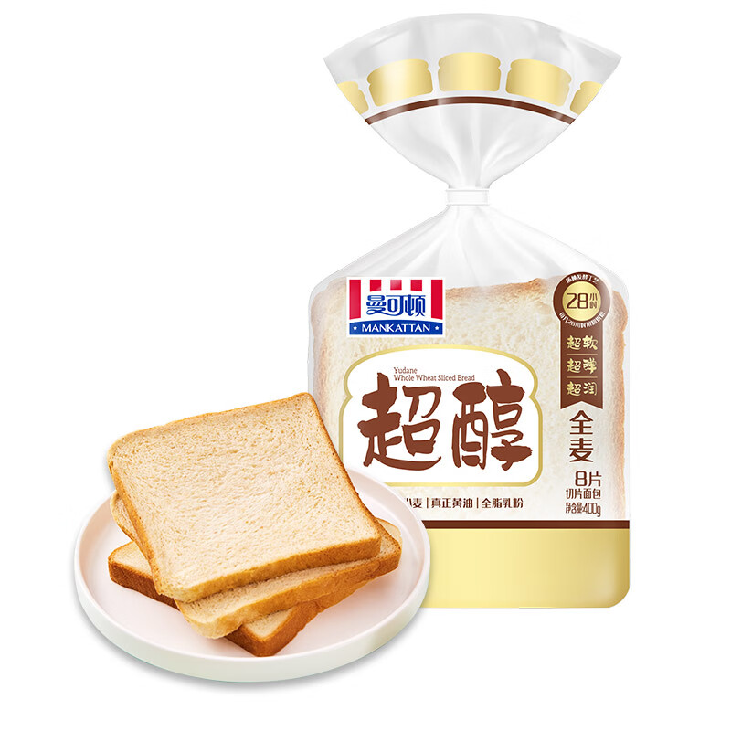曼可顿 超醇全麦切片面包 400g/袋 手撕吐司 早餐面包下午茶点心