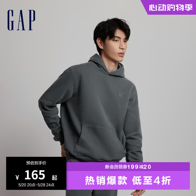 Gap男女装秋冬LOGO宽松碳素软磨抓绒卫衣807077连帽衫 黑灰色 175/88A(XS)