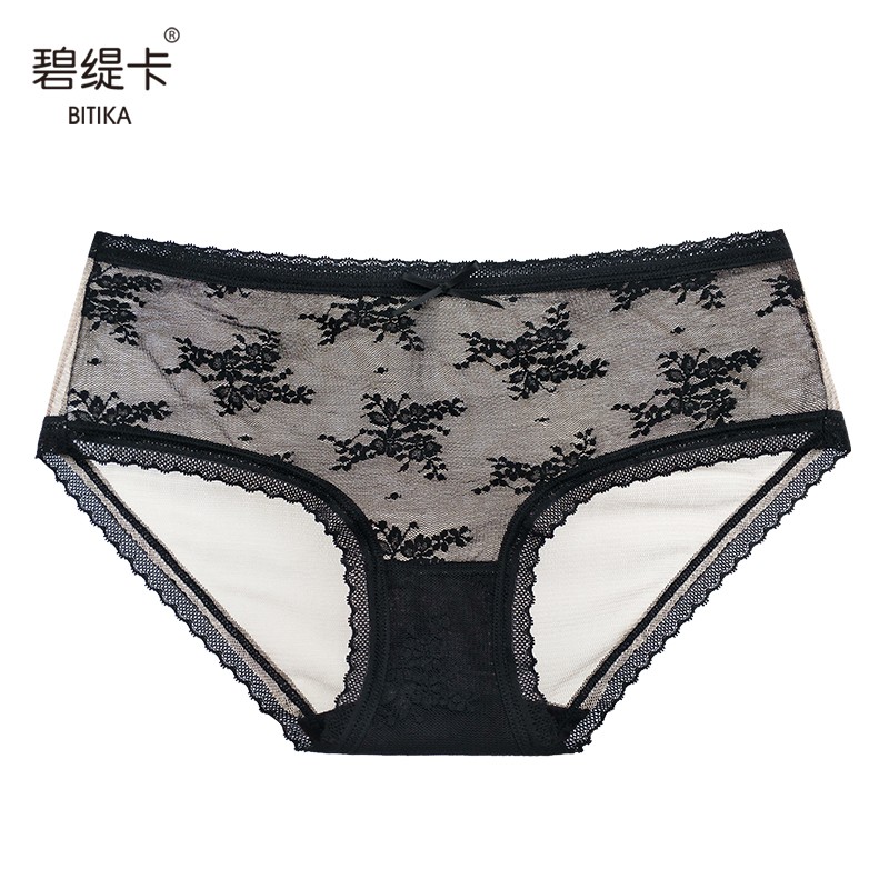 碧缇卡真丝性感女式内裤 桑蚕丝透明三角裤 中腰弹力法式蕾丝裤头女