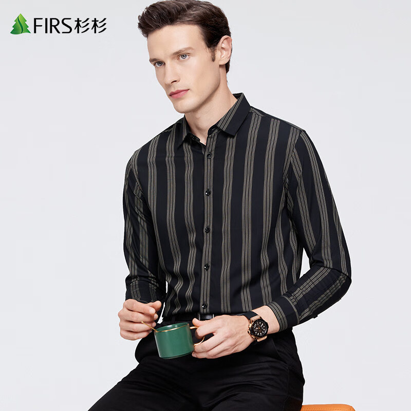 杉杉(firs)杉杉男装质感斜纹长袖衬衫男2021秋季新款休闲撞色条纹宽松