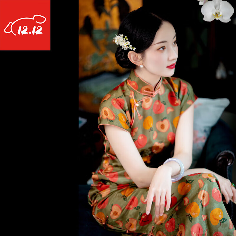 秋款丨真丝透孔罗红云纱小盖袖手工盘扣旗袍裙 桃子印花小盖袖旗袍 xs