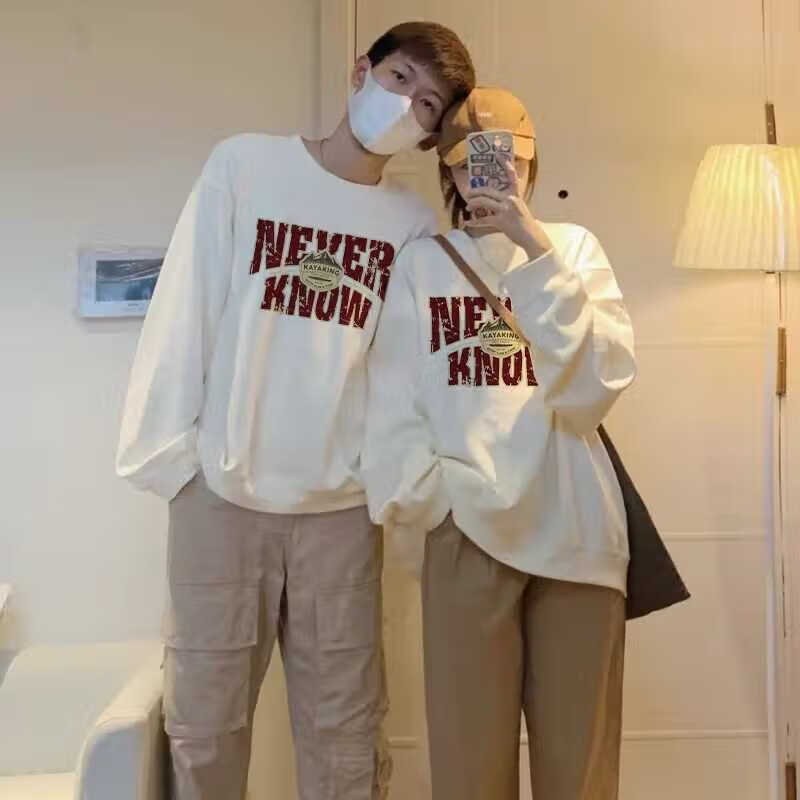 奥潮际  情侣印花卫衣春秋季潮牌宽松圆领套头衫美式高街时尚复古秋装上衣潮流百搭休闲外套男装  奥 白侣款两件 XS建议(30斤以下)