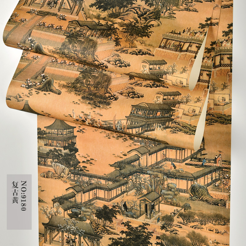 清明上河图墙纸茶室中国风古典新中式风格山水画餐厅餐馆饭店壁纸