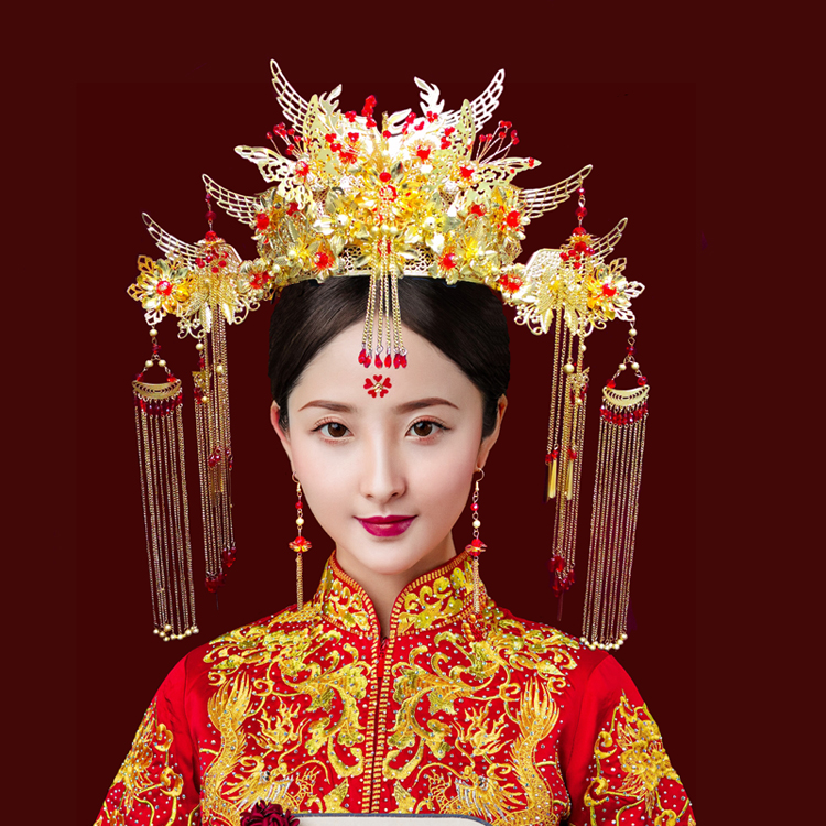 中式结婚头饰大凤冠流苏耳环套装秀禾服配饰头冠新娘饰品发冠 凤冠