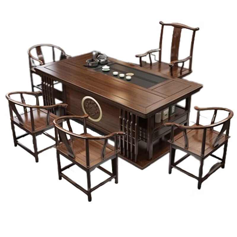 木叶间茶桌椅组合新中式办公室茶几茶具套装家用一桌五椅功夫泡茶台 储物1.8米桌+1长梳椅4月牙椅铜套