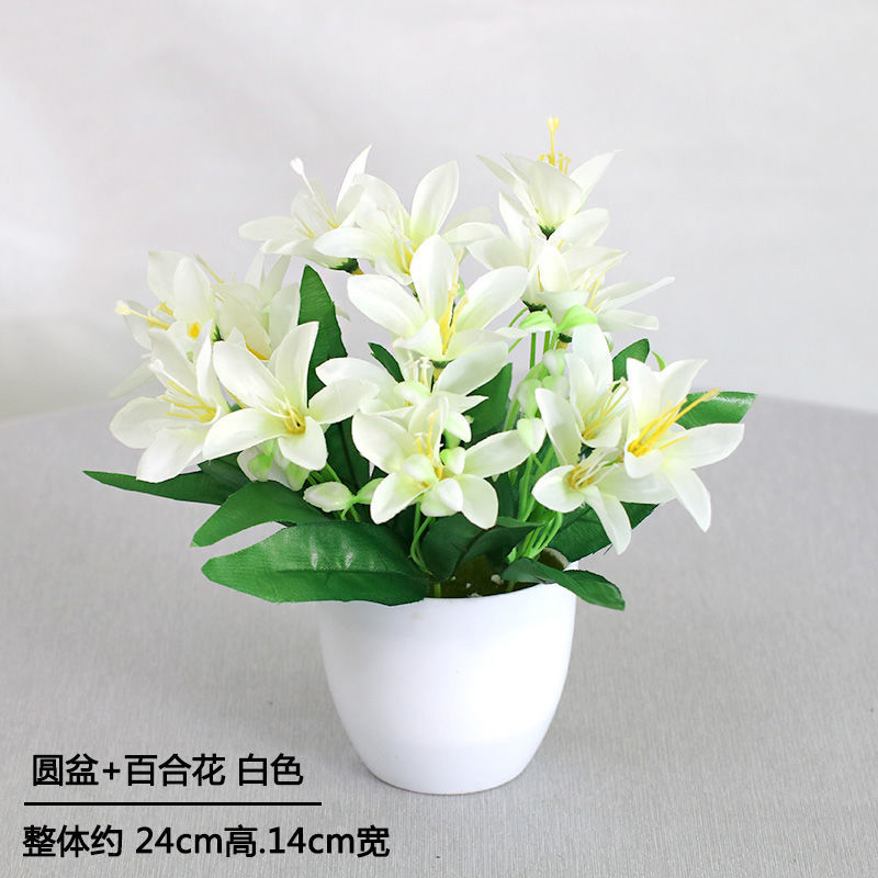 塑料插花客厅小盆景套装卧室餐桌创意摆件品北极象 圆盆 百合花 白色