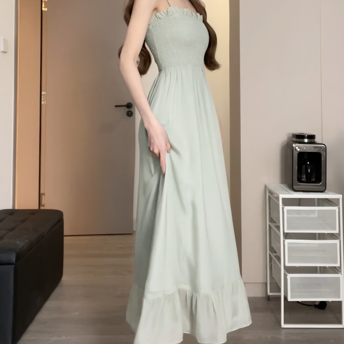 乔趣猫高个子女生拖地长裙连衣裙复古风松本 2023年春夏新款薄荷长裙