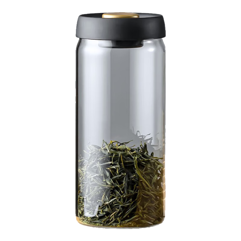 正揚茶葉罐玻璃密封罐茶罐精品高檔儲物罐家用儲茶罐大號帶蓋花茶罐子 1800ml 真空茶葉罐玻璃—黑金款