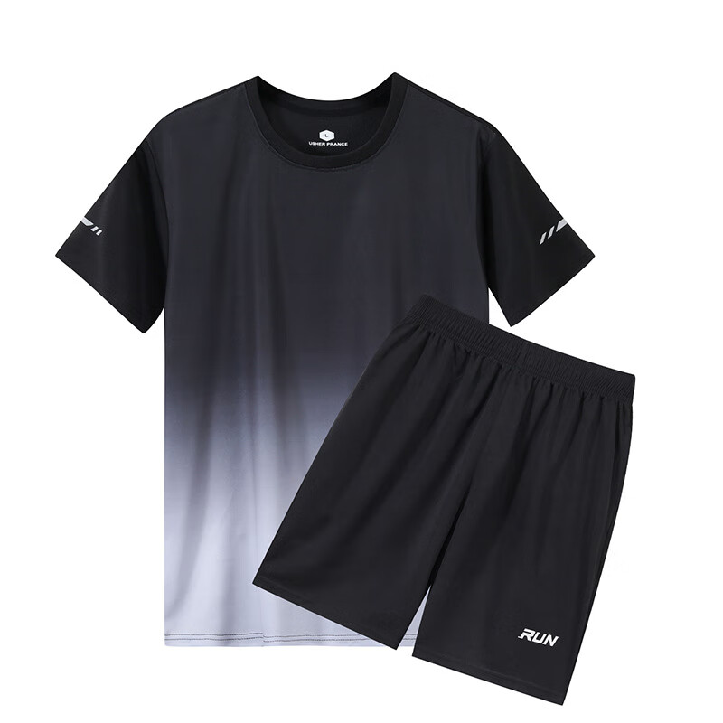 凯逸弗（kainifu）夏季新款渐变冰丝速干短袖短裤情侣套装男 黑灰 2XL (140-160斤)