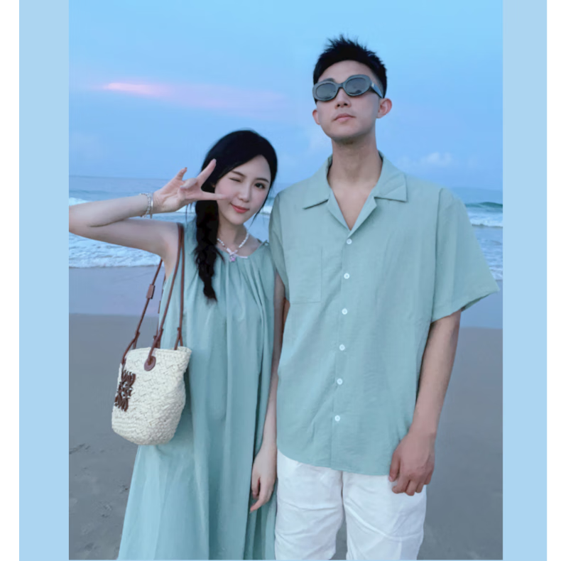 潮范美杜莎拉三亚海边度假连衣裙情侣装夏装沙滩裙套装