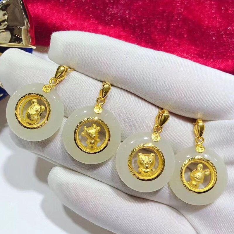 平芳阁 999足金和田玉时来运转系列 十二生肖金镶玉平安扣吊坠 子鼠