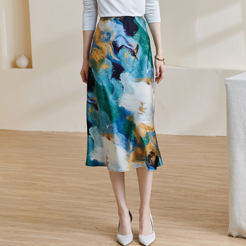 米思阳（missshine）2026新款时尚水彩印花中长裙顺滑显瘦A字半身裙女0630 绿色  2XL