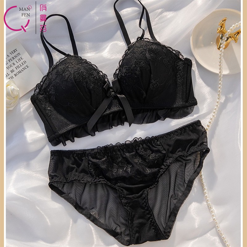 聚拢无钢圈防下垂日系性感胸罩平胸少女文胸套装bra 黑色套装(配内裤)