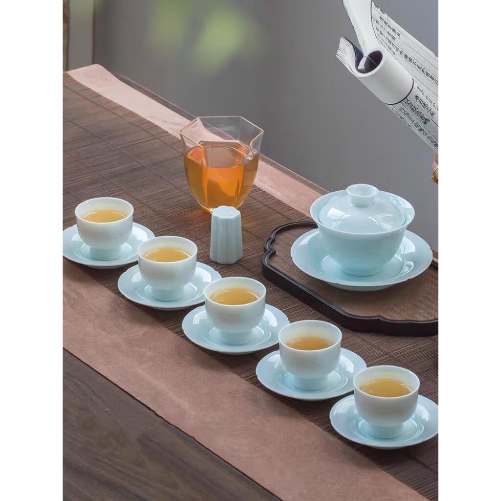 景德镇景德镇手工雕刻影青瓷中式功夫茶具盖碗套装客厅简约纯色陶瓷