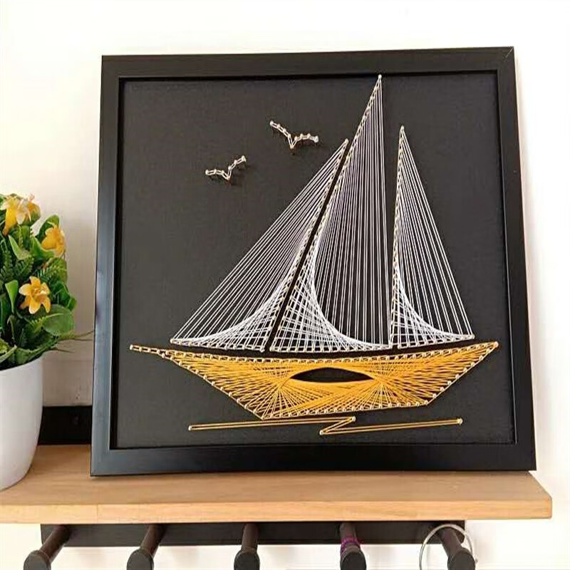 gjxbp帆船钉子绕线画diy材料包一帆风顺帆船 钉子绕线画diy材料包或成
