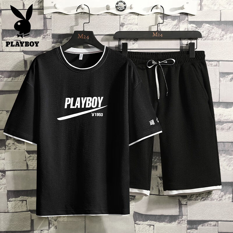 花花公子（PLAYBOY）纯棉短袖套装男夏季韩版潮牌印花T恤宽松短裤运动装两件 黑 M怎么看?