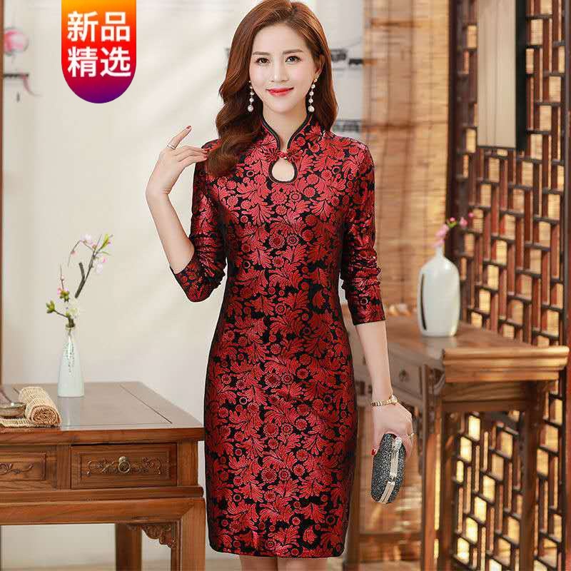 【亲肤高品质旗袍女】2021新款中老年女装长袖旗袍礼服改良版旗袍高端